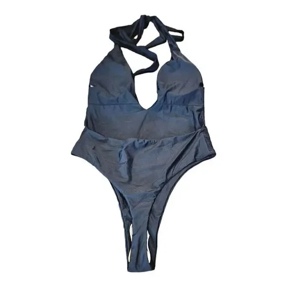 Lilosy Womens Black Halter Deep V-Neck Wrap Tie Waist One-Piece Swimsuit Size L - Picture 5 of 14